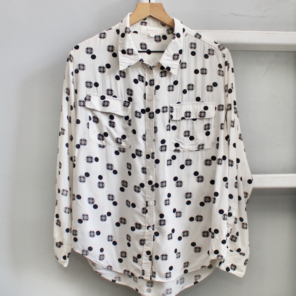 Vince Camuto Women’s White Black Polka-Dot Plaid Button-Up Shirt Size Medium